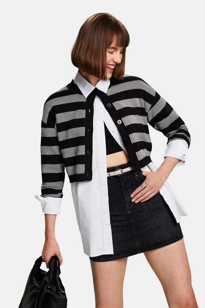Cardigan cropped a righe jacquard, BLACK, detail image number 0