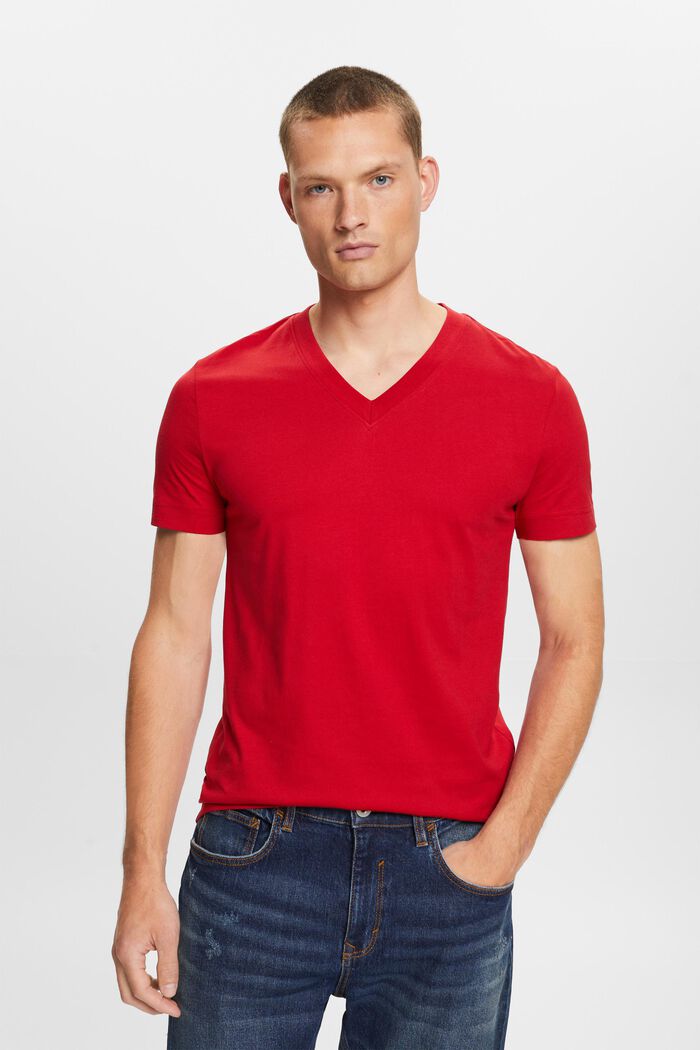 T-shirt con scollo a V, realizzata in jersey di 100% cotone, DARK RED, detail image number 0