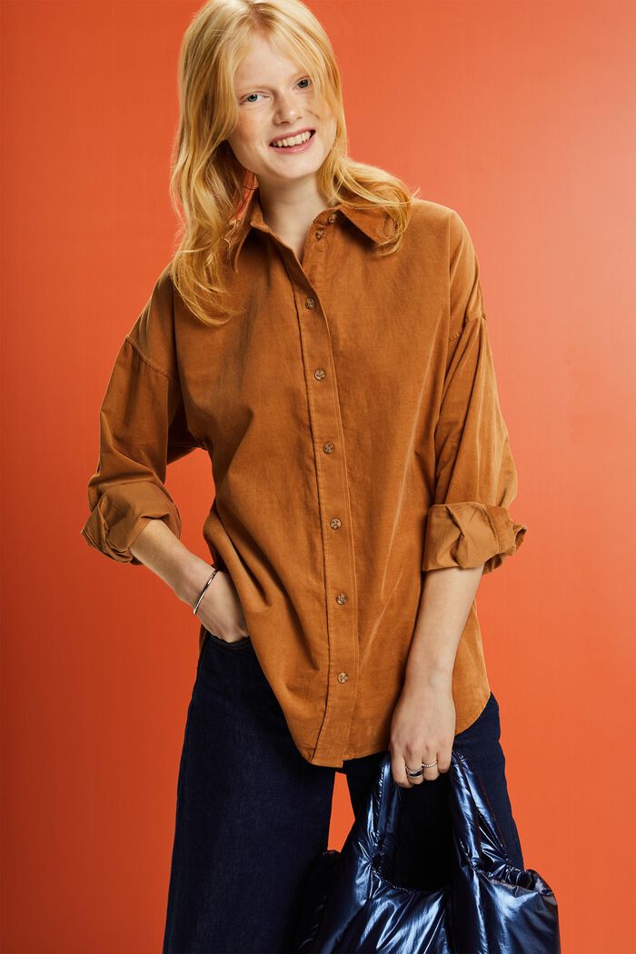 Camicia blusata oversize in velluto, CARAMEL, detail image number 0