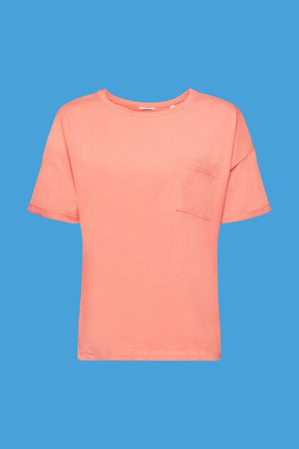 T-shirt con taschino sul petto in misto cotone, NEW CORAL, overview