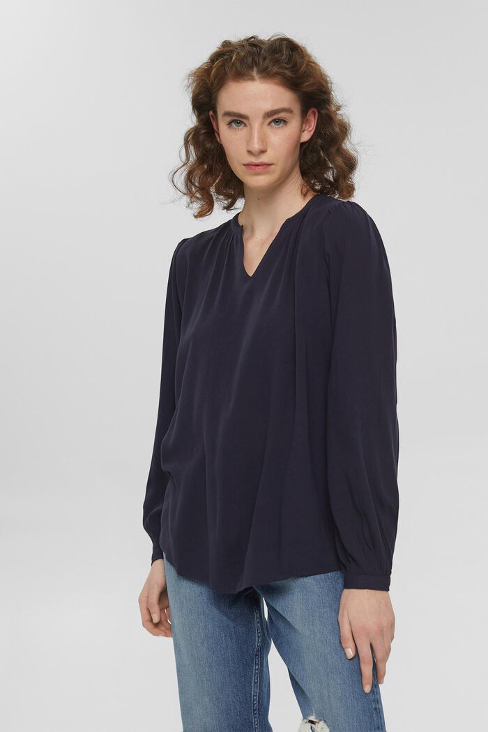 Blusa con scollo a calice, LENZING™ ECOVERO™, NAVY, detail image number 0