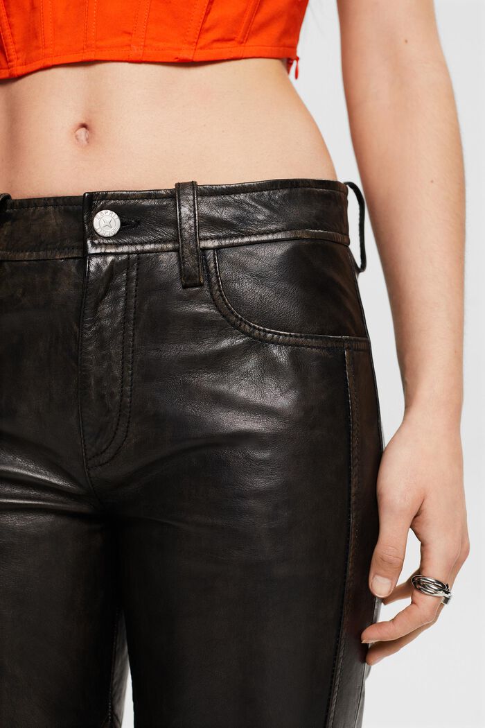 Pantaloni in pelle a vita media, straight fit, BLACK, detail image number 4