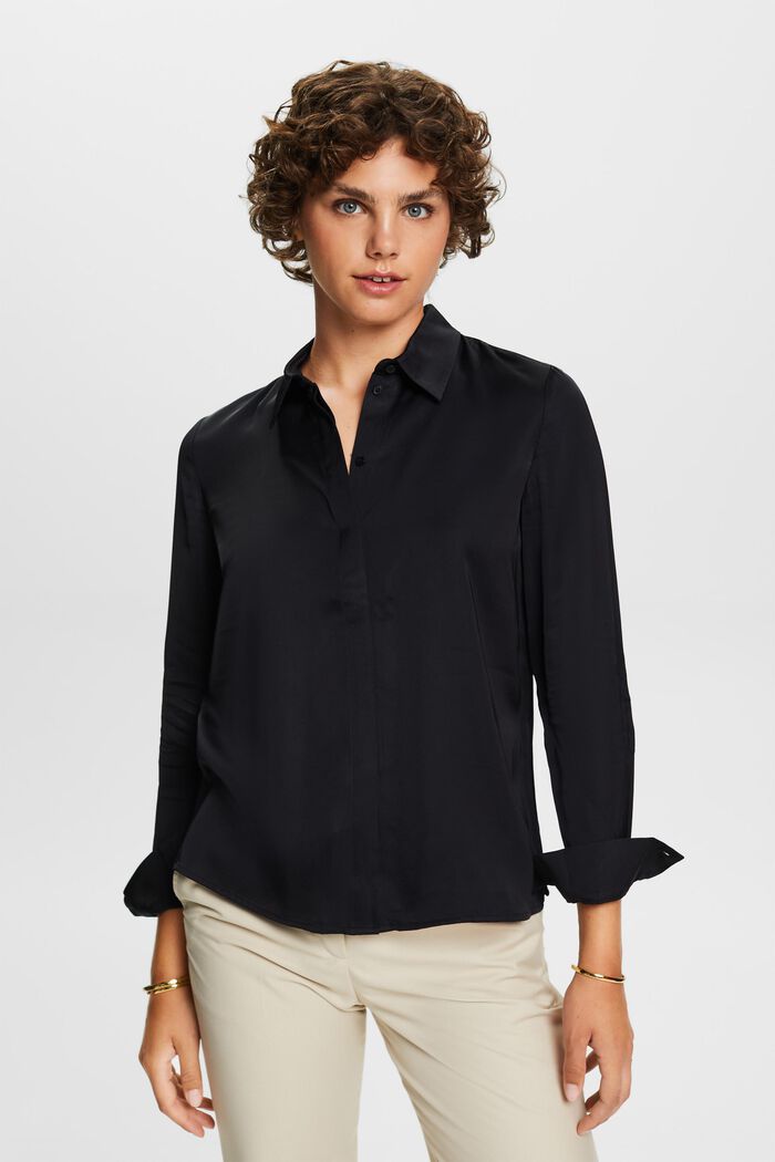 Blusa in raso a maniche lunghe, BLACK, detail image number 0