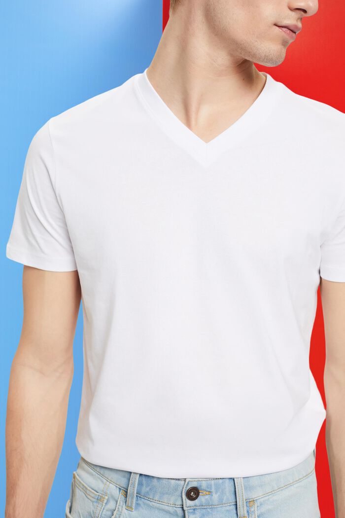 T-shirt slim fit in cotone con scollo a V, WHITE, detail image number 2