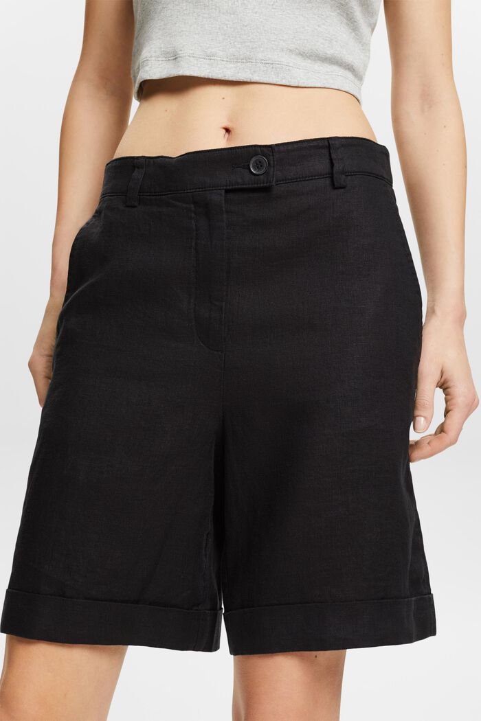 Pantaloncini in lino con risvolto, BLACK, detail image number 3