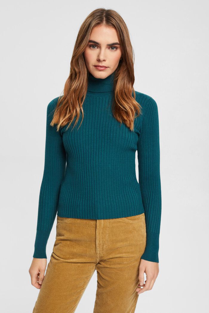 Pullover dolcevita in maglia a coste, TEAL GREEN, detail image number 1