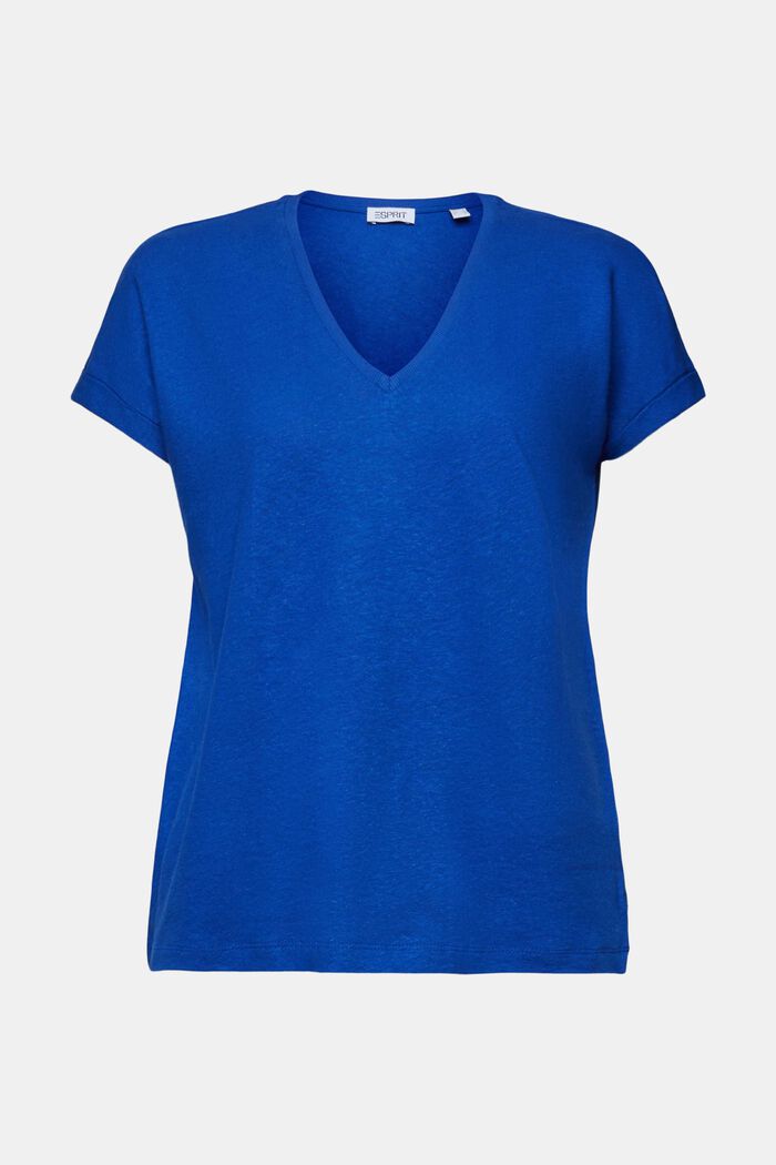 T-shirt con scollo a V in cotone e lino, BRIGHT BLUE, detail image number 5