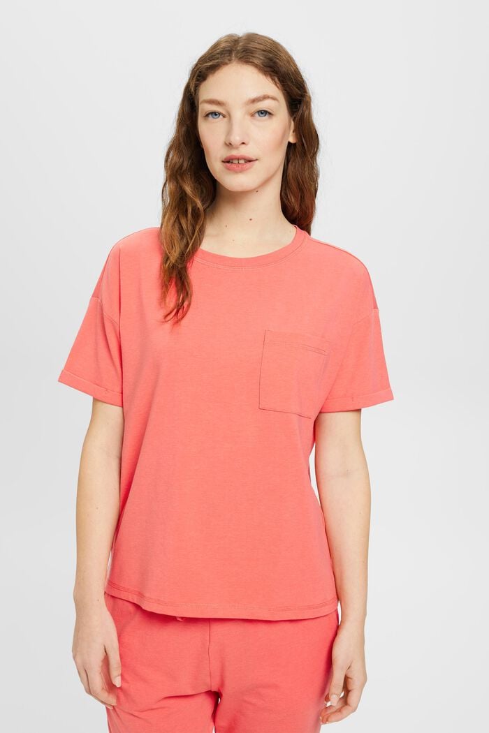 T-shirt con taschino sul petto in misto cotone, NEW CORAL, detail image number 0