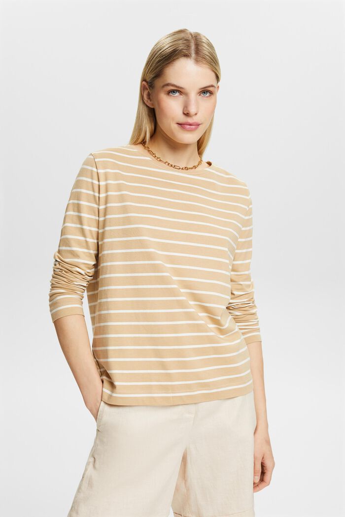 Top a maniche lunghe a righe, BEIGE, detail image number 0