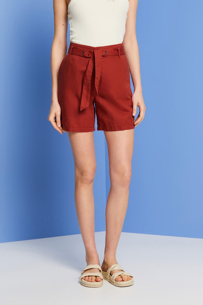 Pantaloncini con cintura da annodare, misto cotone e lino, TERRACOTTA, detail image number 0