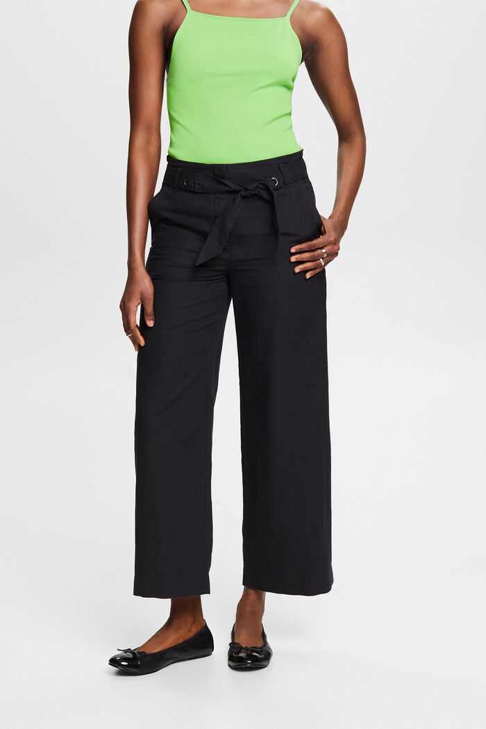 Pantaloni culotte cropped in lino e cotone, BLACK, detail image number 0