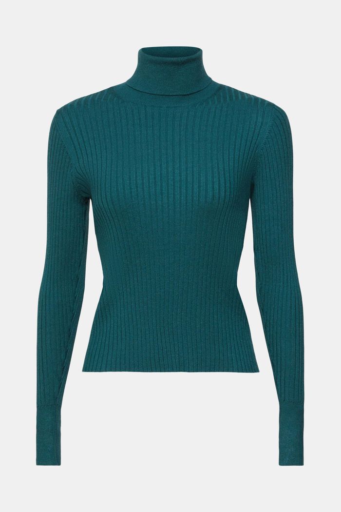 Pullover dolcevita in maglia a coste, TEAL GREEN, detail image number 5