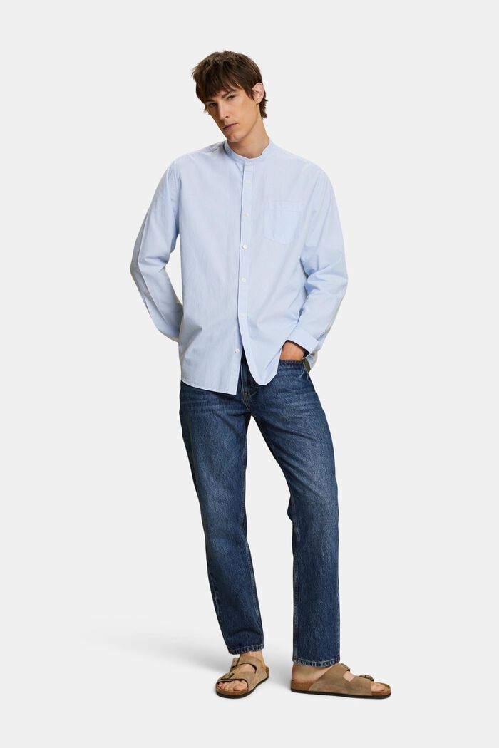 Camicia in cotone gessato con collo alla coreana, GREY BLUE, detail image number 1