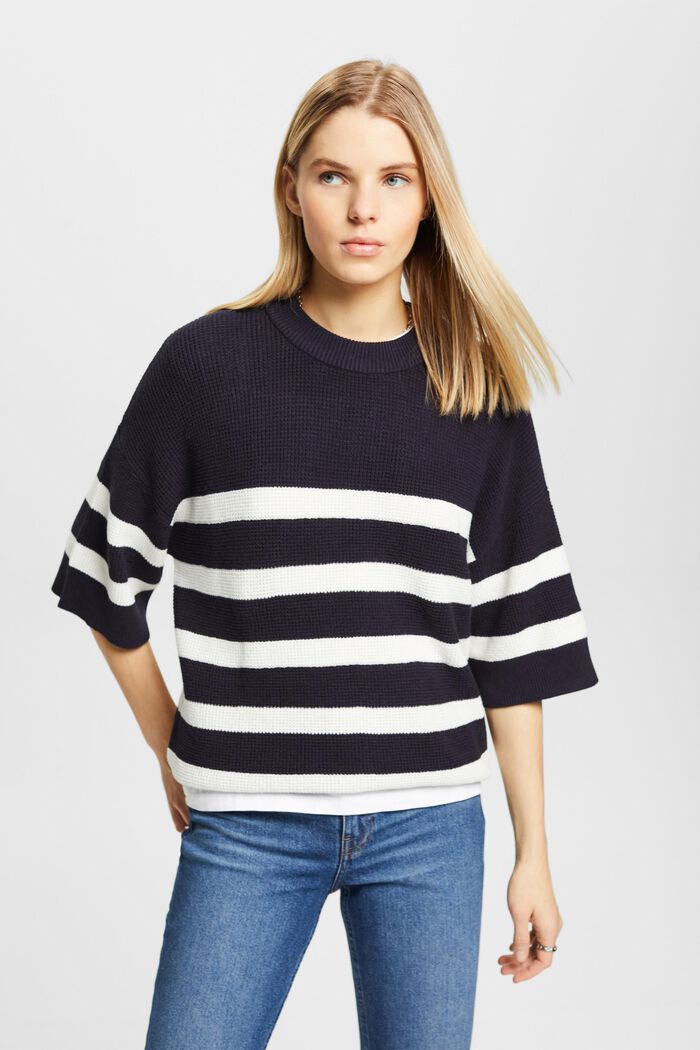 Pullover in maglia a righe con maniche cropped, NAVY, detail image number 0