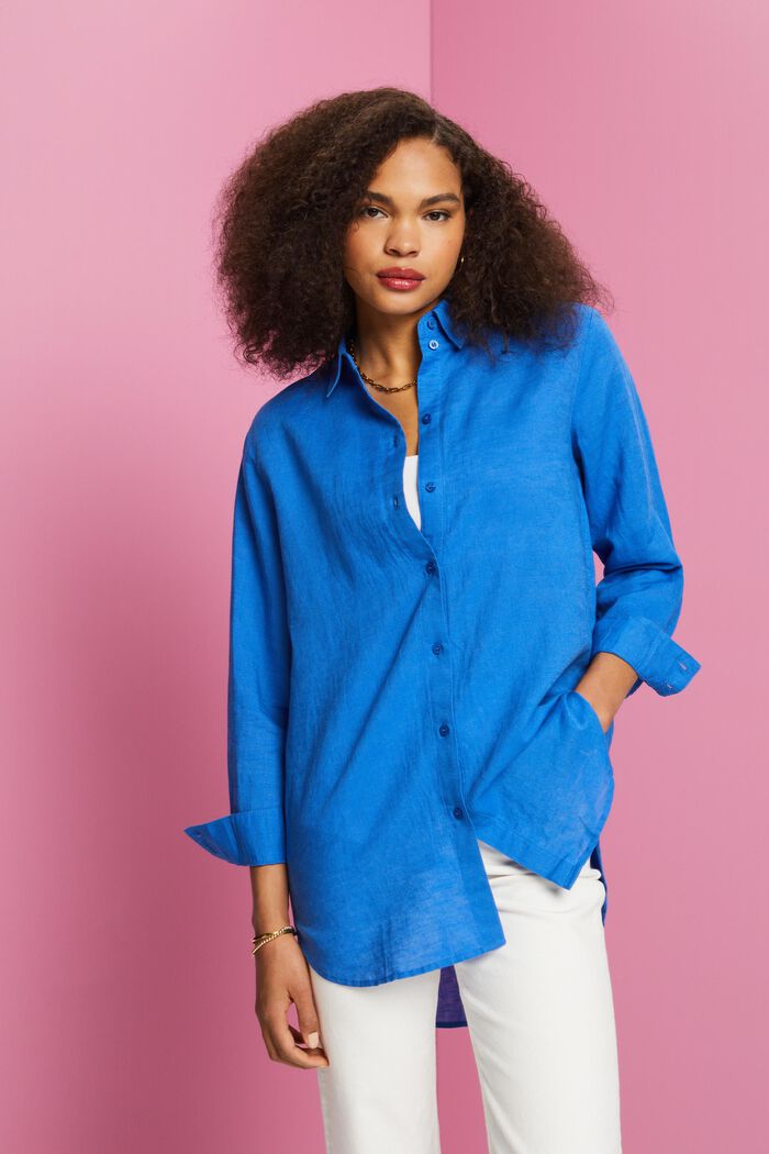 Camicia in misto lino e cotone, BRIGHT BLUE, detail image number 0