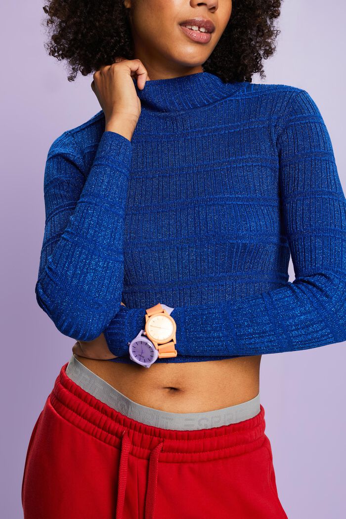 Maglione cropped in maglia lamé, BRIGHT BLUE, detail image number 1
