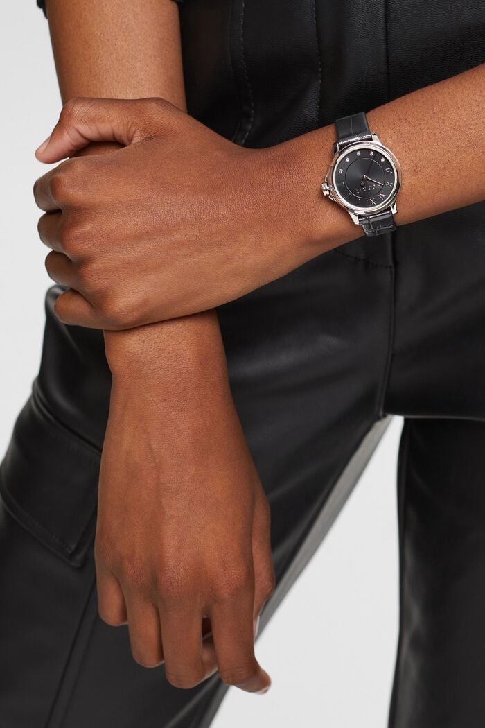 Orologio in acciaio inox con cinturino in pelle, BLACK, detail image number 2