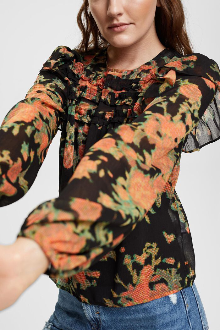 Blusa in chiffon con stampa e arricciature, BLACK, detail image number 0