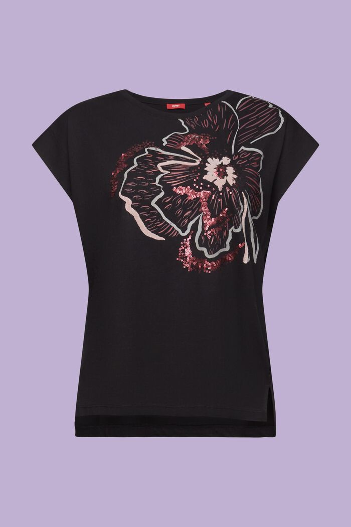 T-shirt smanicata con stampa e paillettes, BLACK, detail image number 6