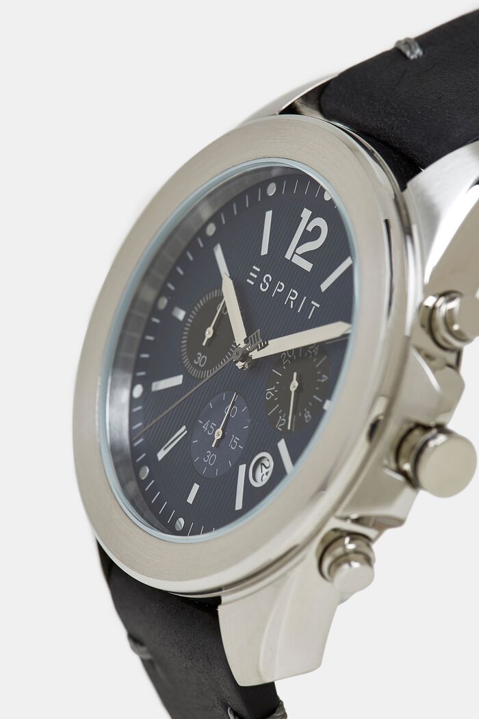 Cronografo in acciaio inox con cinturino in pelle, BLACK, detail image number 1
