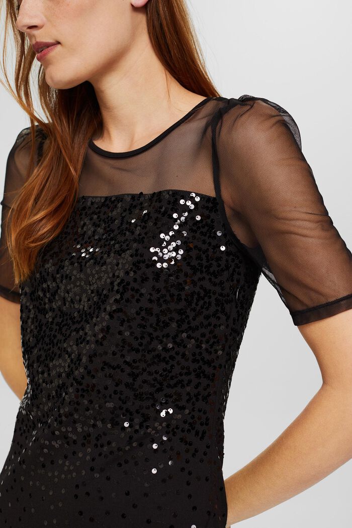 Abito in jersey con mesh e paillettes, BLACK, detail image number 3