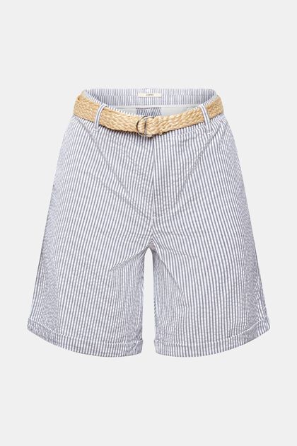 Shorts a righe con cintura intrecciata in raffia, NAVY, overview