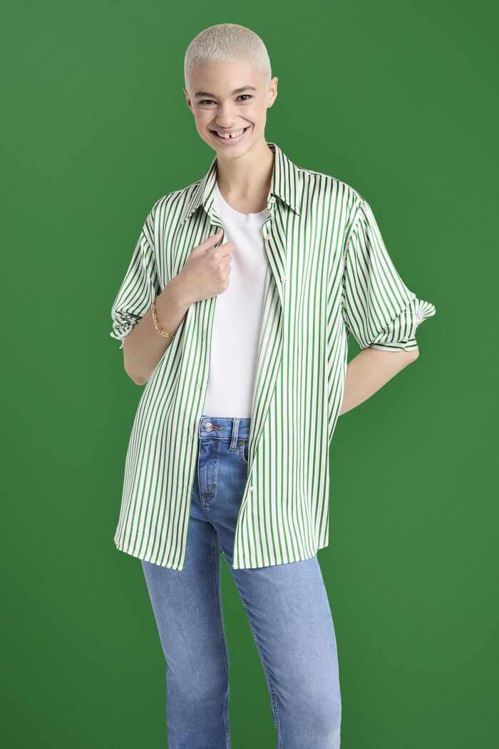 Camicia a righe in sera charmeuse, GREEN, detail image number 0