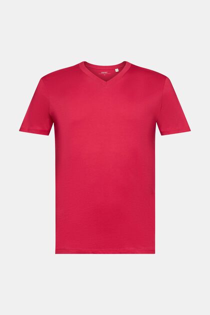 T-shirt slim fit in cotone con scollo a V, DARK PINK, overview