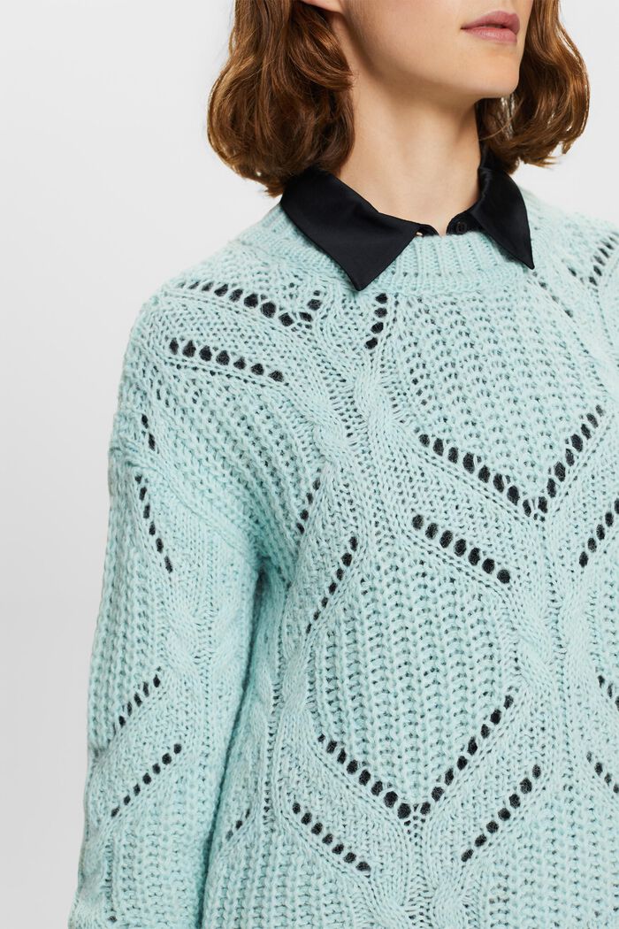 Pullover in misto lana in maglia traforata, LIGHT AQUA GREEN, detail image number 1