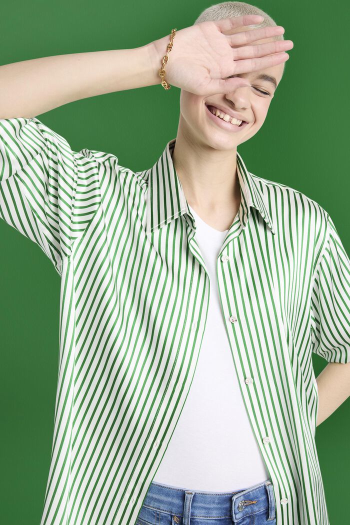 Camicia a righe in sera charmeuse, GREEN, detail image number 2