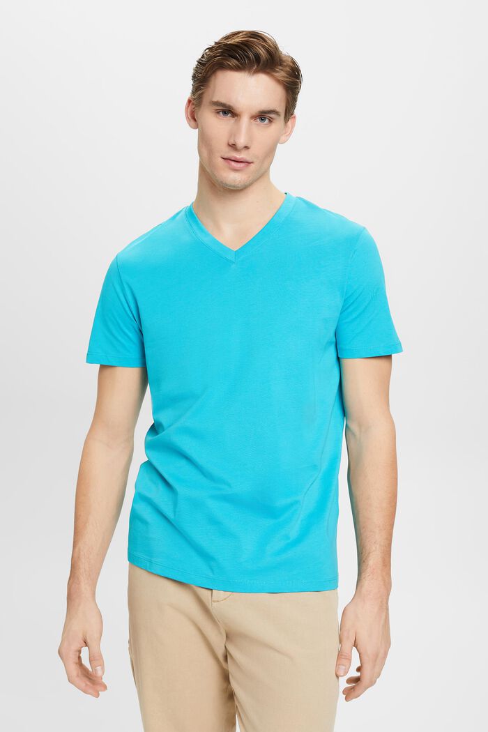 T-shirt slim fit in cotone con scollo a V, AQUA GREEN, detail image number 0