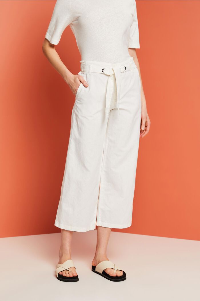 Culotte in lino e cotone con cintura, WHITE, detail image number 0