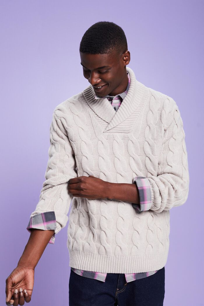 Pullover con collo sciallato in maglia intrecciata di lana, LIGHT TAUPE, detail image number 4