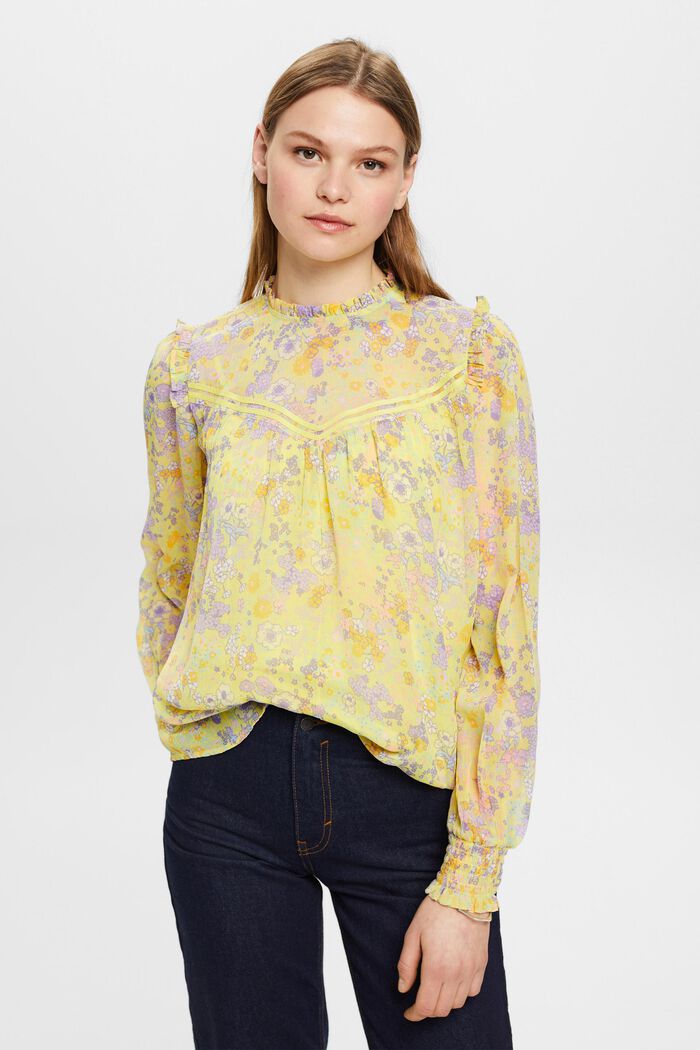 Blusa in chiffon floreale con ruches, LIGHT YELLOW, detail image number 0