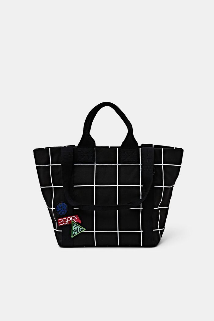 Tote bag in canvas di cotone con stampa a quadri, BLACK, detail image number 0