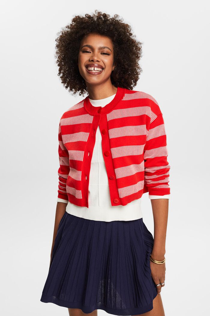 Cardigan cropped a righe jacquard, RED, detail image number 0