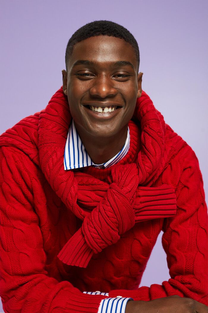 Pullover in maglia di lana intrecciata, DARK RED, detail image number 0