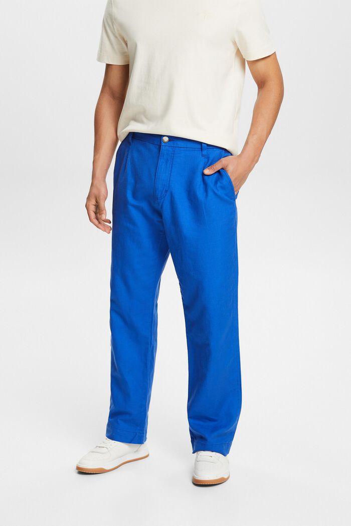 Pantaloni dritti in lino e cotone, BRIGHT BLUE, detail image number 0