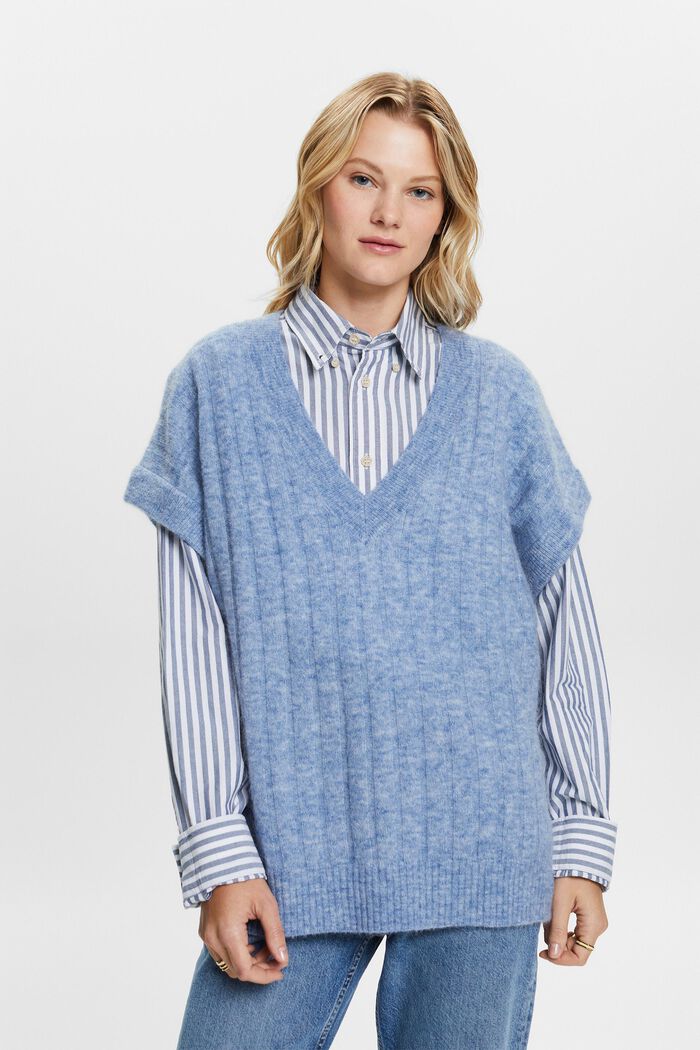 Pullover oversize in maglia a coste e con scollo a V, BLUE LAVENDER, detail image number 1
