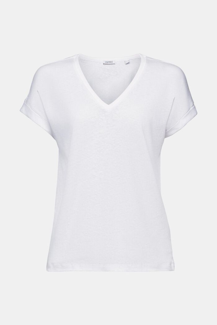 T-shirt con scollo a V in cotone e lino, WHITE, detail image number 5