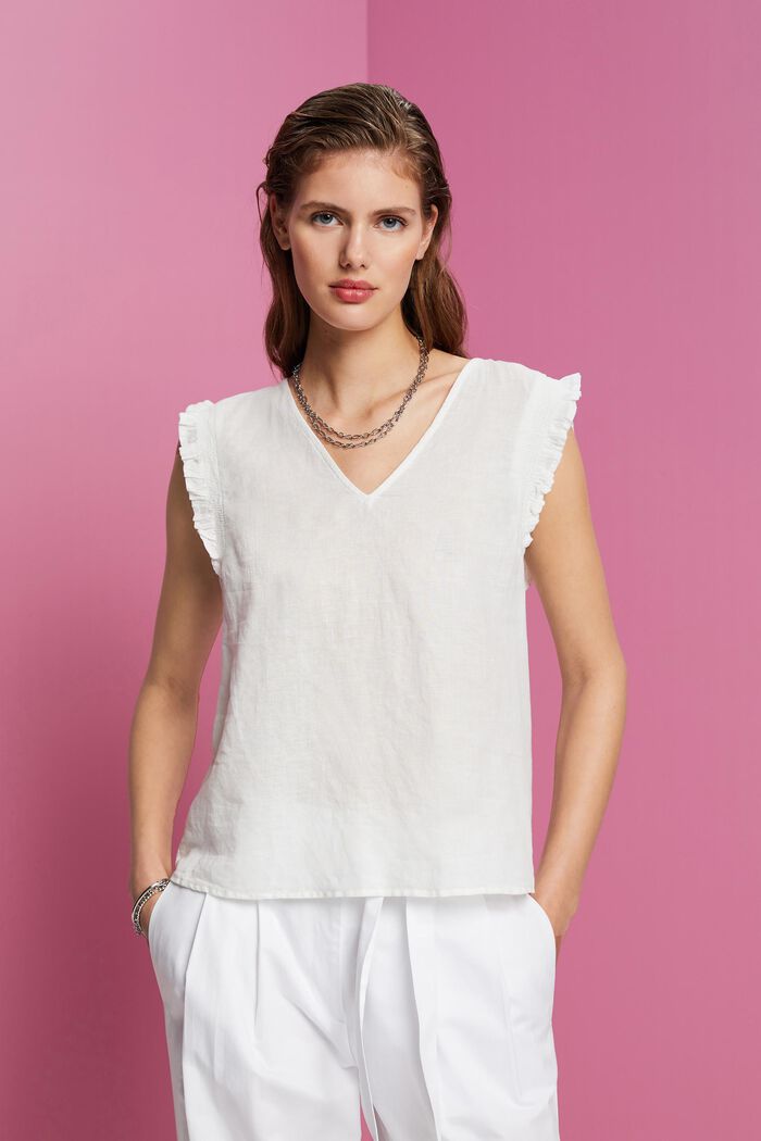 Blusa senza maniche in misto lino, OFF WHITE, detail image number 0