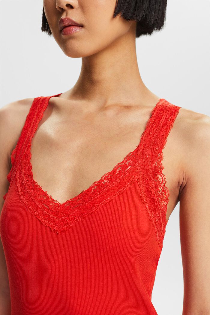 Top con pizzo in jersey di maglia a coste, RED, detail image number 3