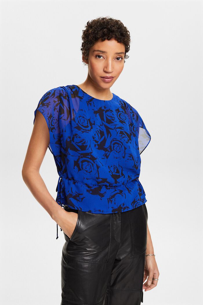 Blusa in chiffon con coulisse e stampa, BRIGHT BLUE, detail image number 4