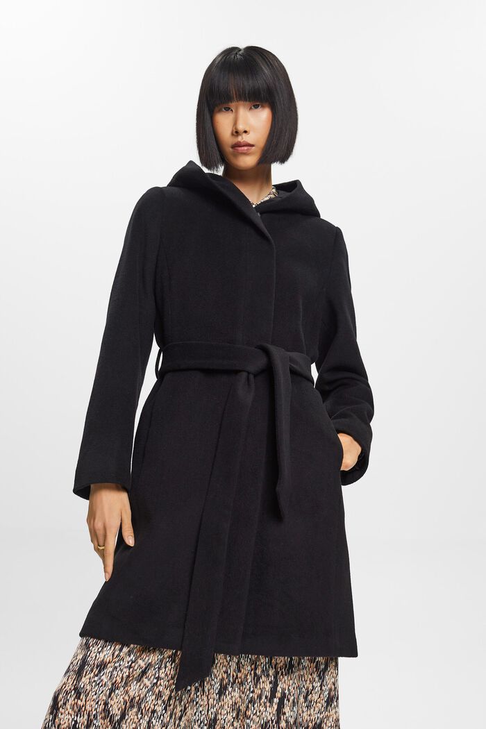 In materiale riciclato: cappotto in misto lana con cappuccio e cintura, BLACK, detail image number 0