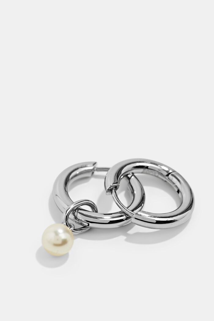 Orecchini creoli in acciaio inossidabile con ciondolo con perle, SILVER, detail image number 1
