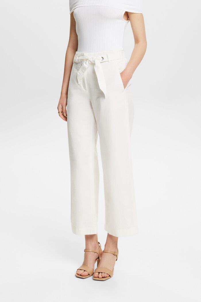 Pantaloni culotte cropped in lino e cotone, OFF WHITE, detail image number 0