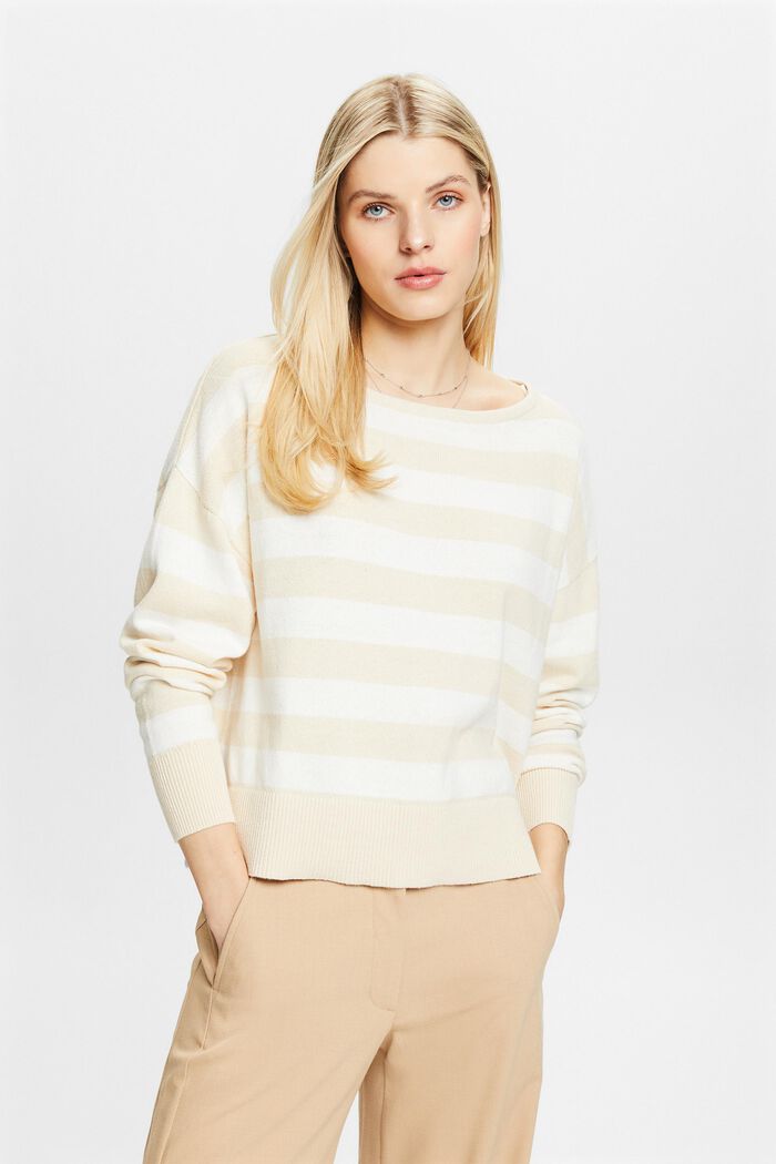 Pullover a righe in cotone e lino, CREAM BEIGE, detail image number 0