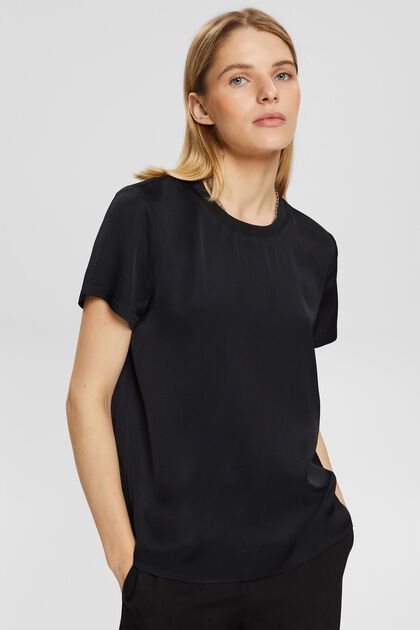 Blusa in raso, LENZING™ ECOVERO™, BLACK, overview