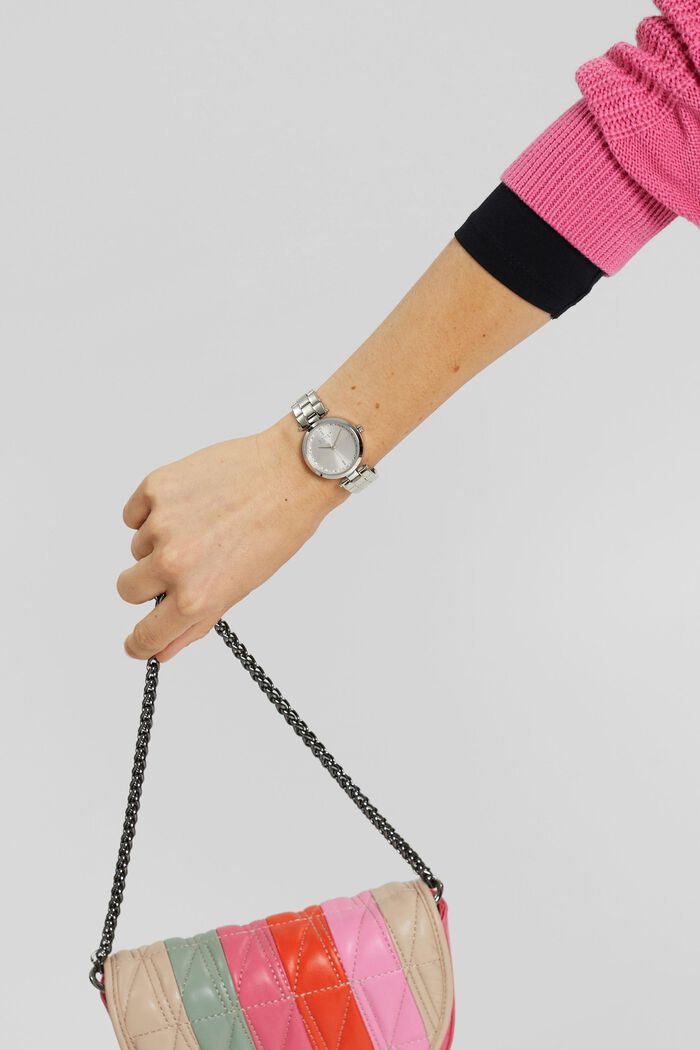 Orologio in acciaio inossidabile con cinturino a maglie e zirconi, SILVER, detail image number 2