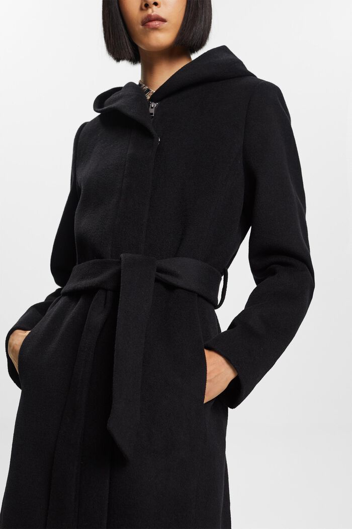 In materiale riciclato: cappotto in misto lana con cappuccio e cintura, BLACK, detail image number 2